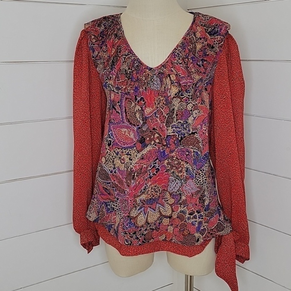 VINTAGE 90s Jo Hanna York shoulder padded blouse red & tan print